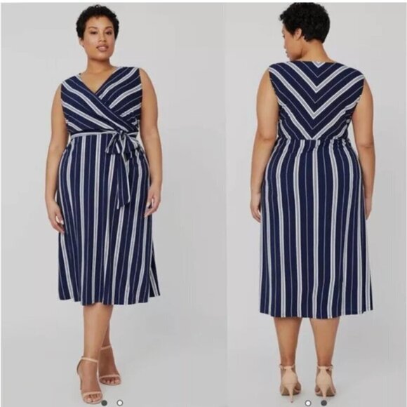 Catherines Dress Womens Size 4X Black Label Belted Navy Blue White Striped - Picture 1 of 7